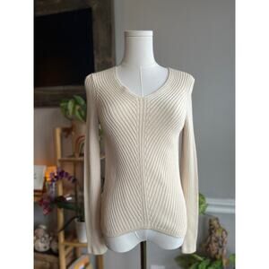 Vintage Y2K Ann Taylor Creamy White Ribbed Cotton Silk Knit Sweater Size Small